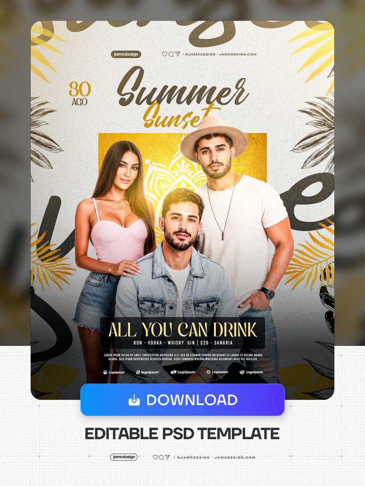 Summer Sunset Event Flyer Template PSD Editable. Editable PSD event flyer showing three styled people posed before a golden mandala motif — Additional preview
