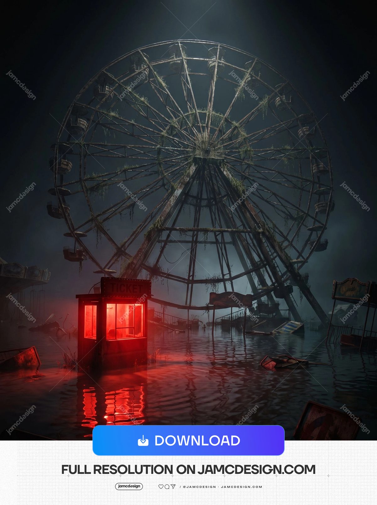 Flooded Abandoned Carnival Night Red Lit Ferris Wheel Background. JPG background showing a flooded abandoned carnival at night — Additional preview