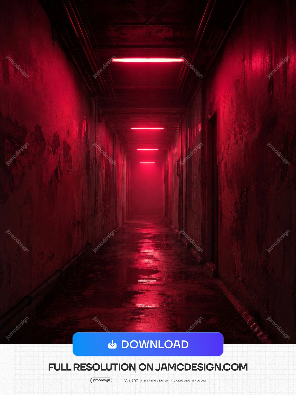 Neon Red Horror Hallway Reflective Corridor Background. This JPG background shows a narrow horror hallway with distressed dark walls — Additional preview