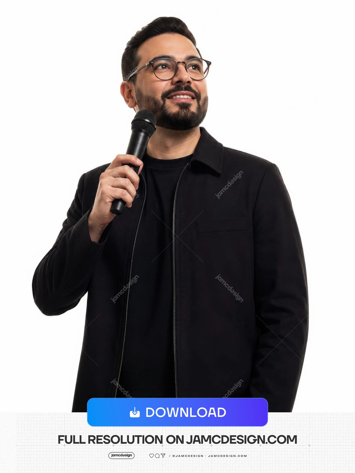 Foto De Estudio De Pastor Cristiano Orador Con Micrófono Y Barba JPG. Foto JPG de un hombre barbudo con gafas hablando por un micrófono de mano — Vista previa adicional