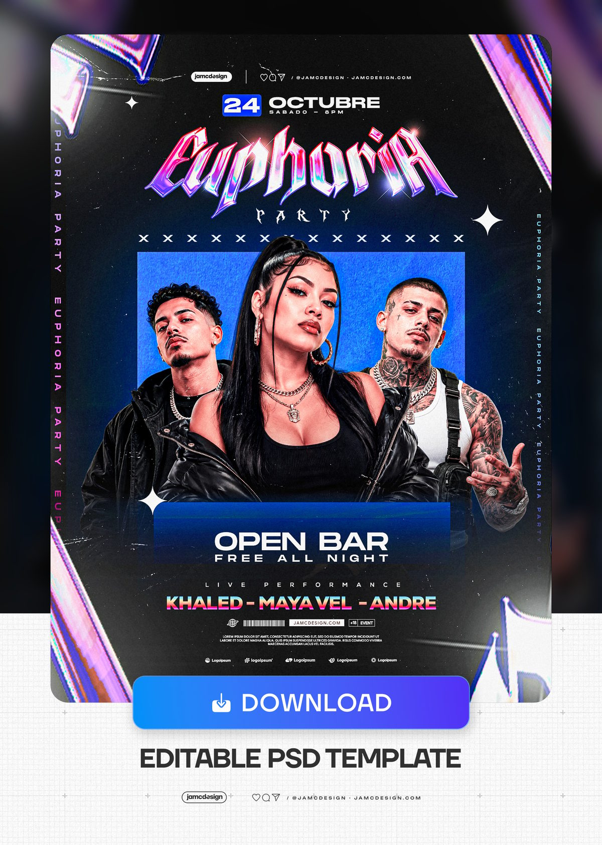 Euphoria Nightclub Party Flyer Template PSD. This editable PSD event flyer features three fashion styled performers, bold gothic lettering — Additional preview