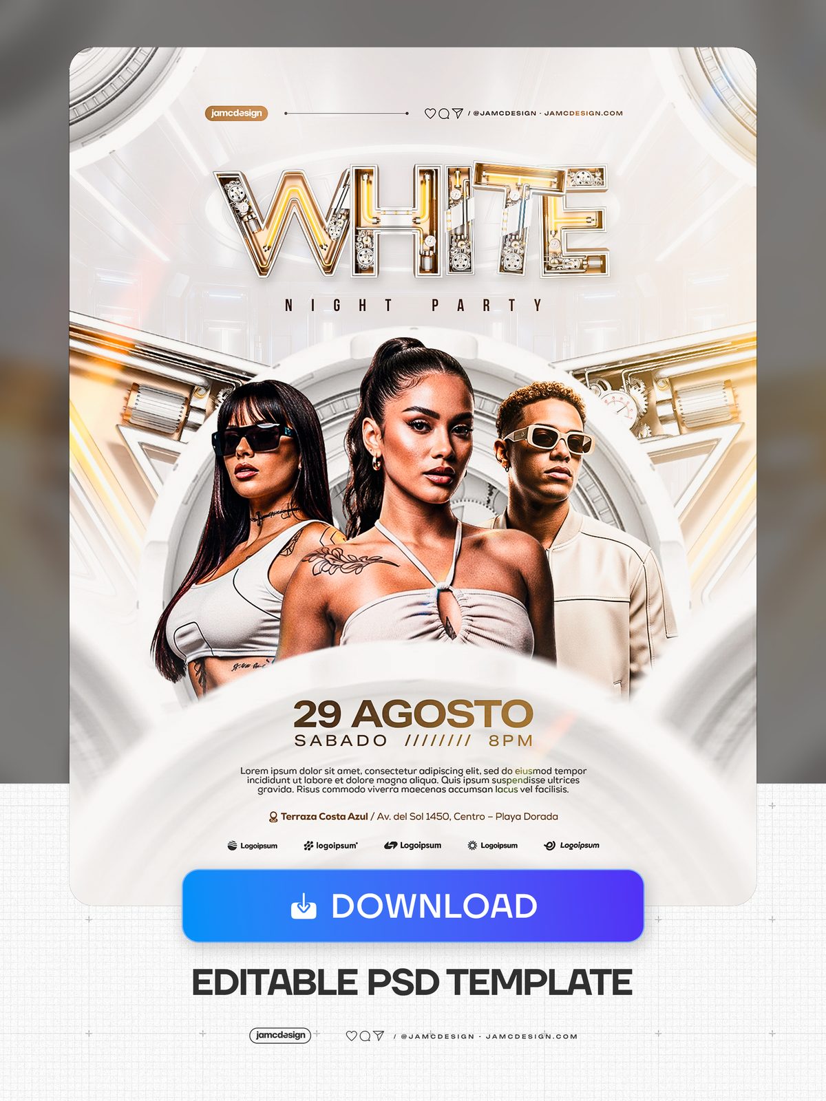 White Night Party Flyer PSD Template. Editable PSD template for a white party social media flyer, featuring a white and gold metallic wordmark — Additional preview