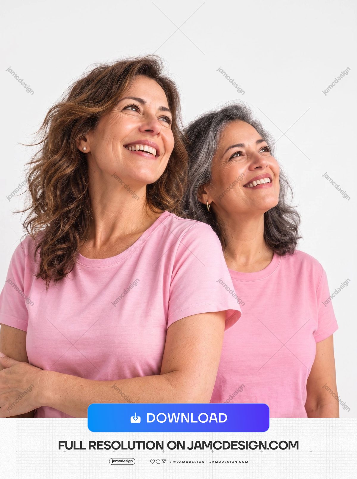Two Women Smiling In Pink T-Shirts. This JPG photo features two smiling women in pink T shirts, standing together against a clean white studio background — Additional preview