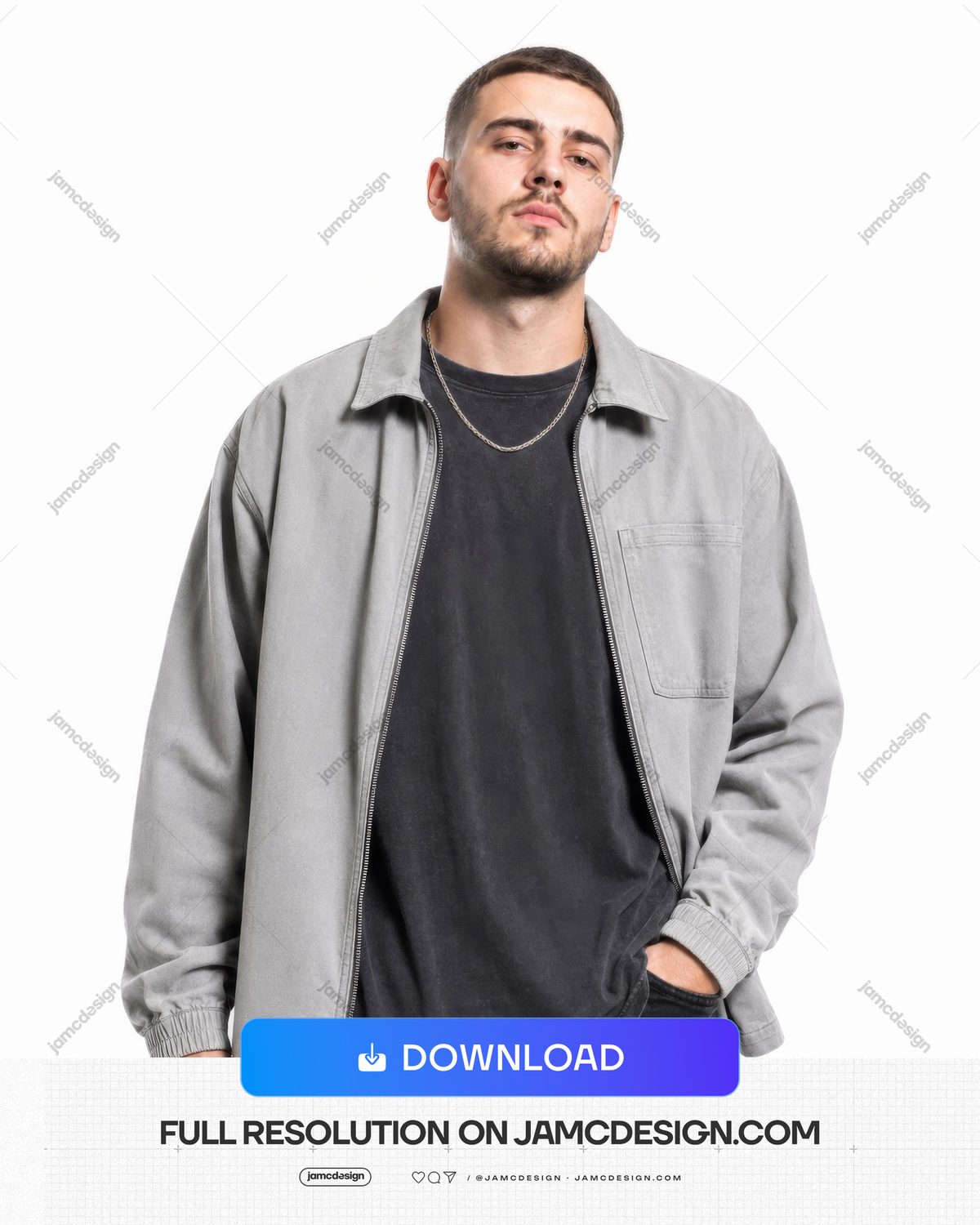 Urban Male Artist Gray Jacket Studio Neutral Menswear Portrait JPG. Photorealistic JPG of a man in a gray jacket and dark shirt — Additional preview