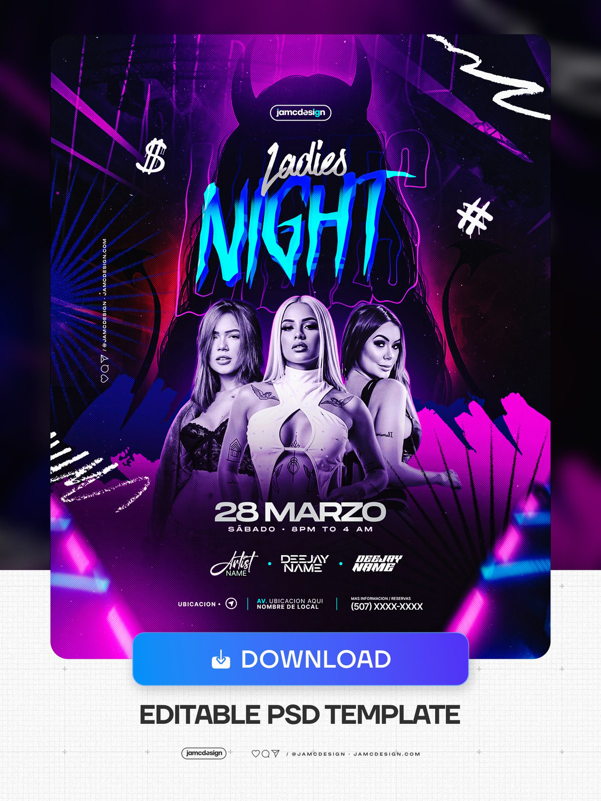 Ladies Night Event Flyer PSD Template. Editable PSD template for a Ladies Night event flyer featuring three female portraits against a dark purple background — Additional preview