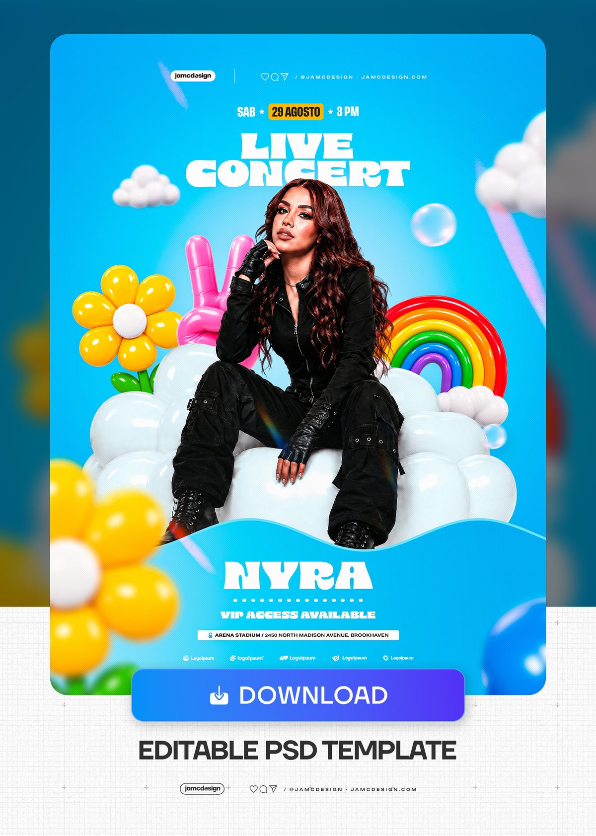 Modelo De Flyer De Show Ao Vivo Colorido Com Mulher De Balões E Arco-Íris PSD. Modelo PSD editável para flyer de show ao vivo colorido — Prévia adicional