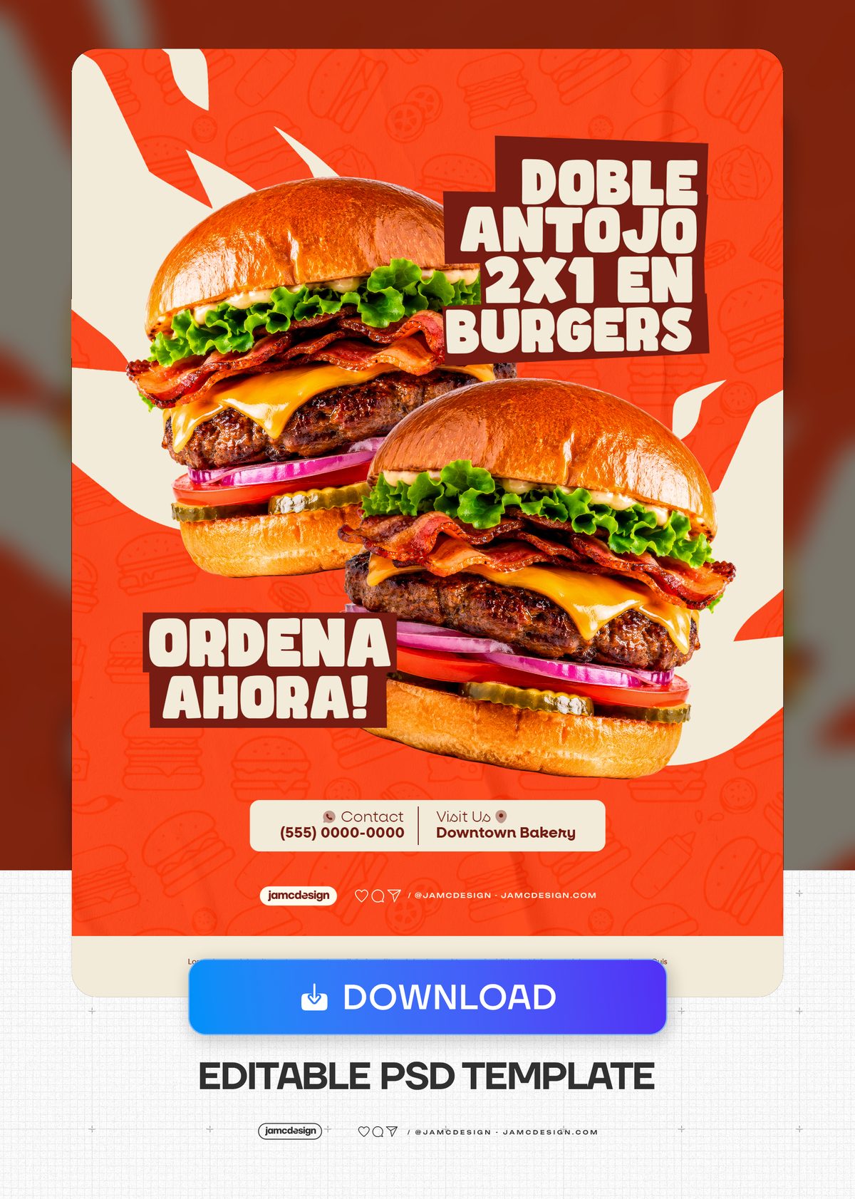 Plantilla De Flyer De Hamburguesa 2X1 Con Tipografía En Crema PSD. Plantilla PSD editable para redes sociales — Vista previa adicional