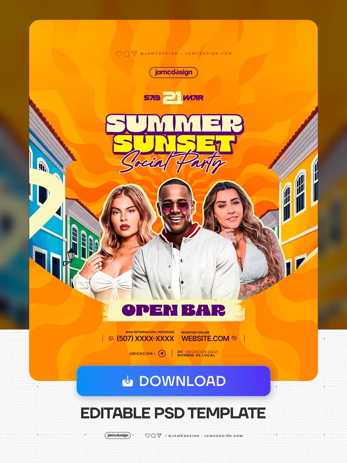 Summer Sunset Social Party Flyer PSD. Editable PSD template for a social party flyer with a vivid orange sunset composition, wavy background patterns — Additional preview