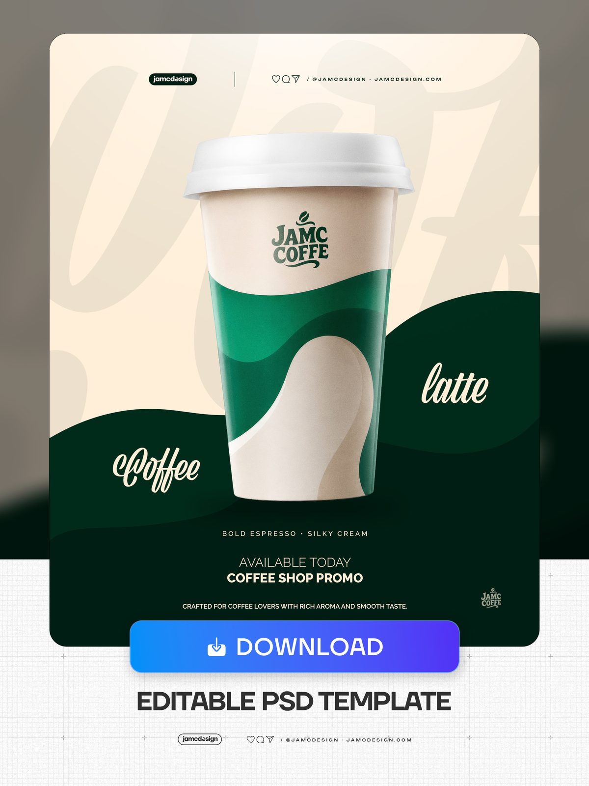 Plantilla De Flyer Diseño Café Latte PSD Editable. Plantilla PSD editable para un flyer promocional de cafetería, con un vaso para llevar alto con tapa blanca — Vista previa adicional