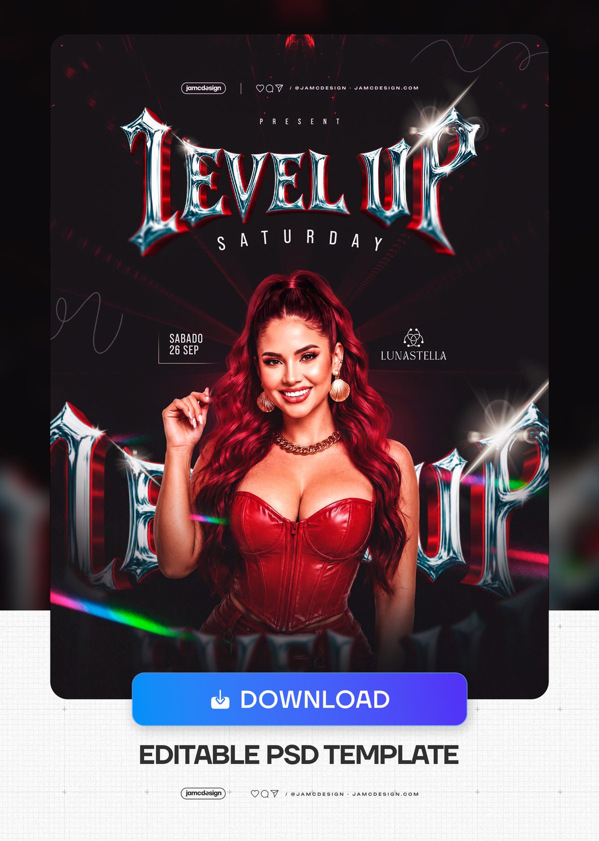 Level Up Saturday Nightlife Flyer PSD. Download this editable PSD event flyer featuring a smiling woman in a red outfit, dramatic metallic 3D lettering — Additional preview