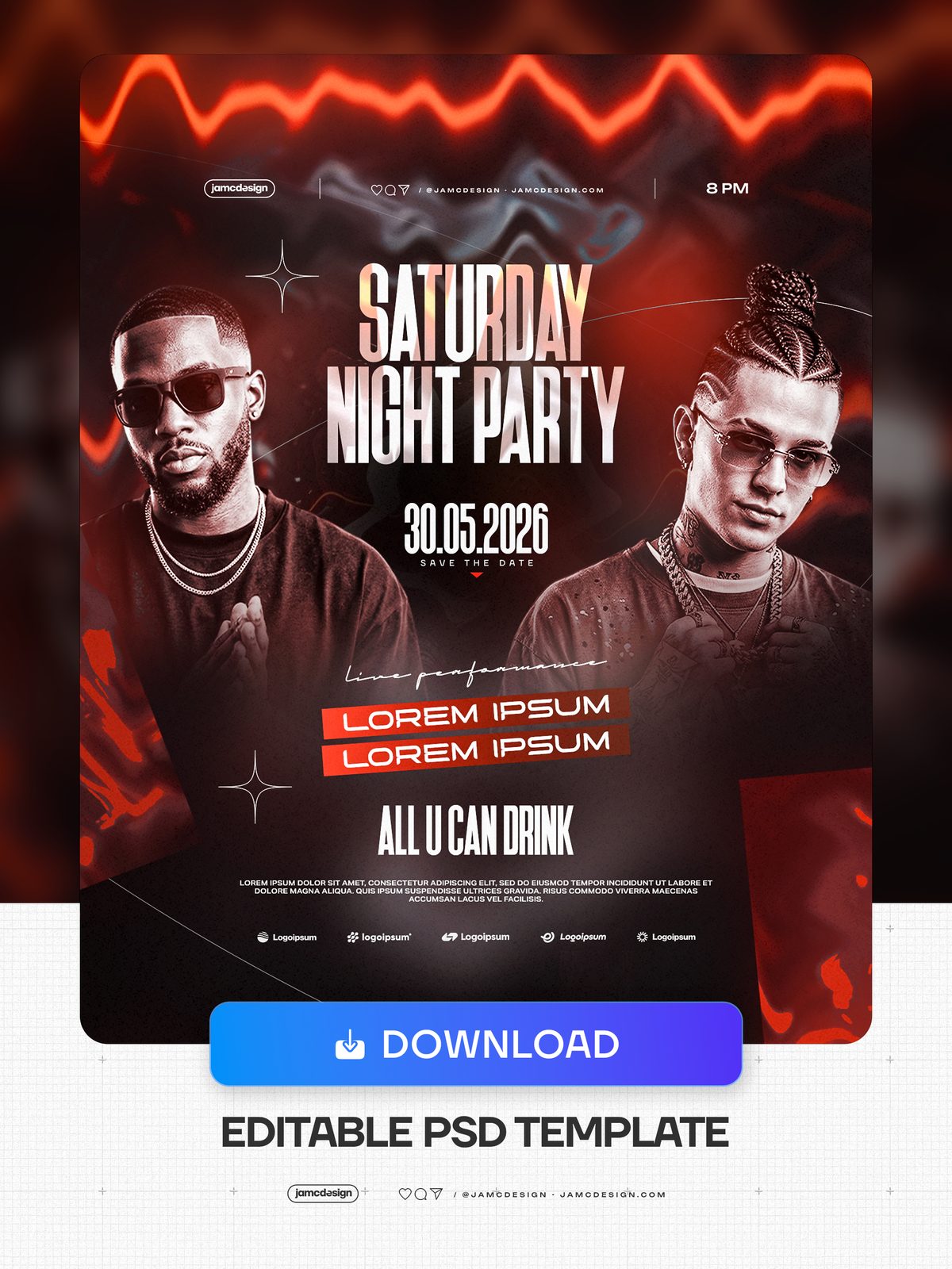 Saturday Night Flyer Template With Red Light Waves PSD. Editable PSD template for a Saturday night party flyer with a dark red and black composition — Additional preview