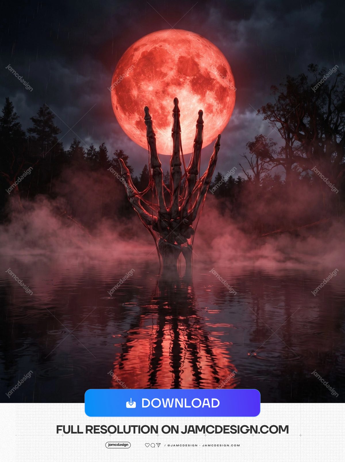 Arrière-Plan De Main Squelettique Émergeant D’Un Lac À Lune Rouge Sang. Arrière-plan JPG surréaliste représentant une main squelettique émergeant d’un lac — Aperçu supplémentaire