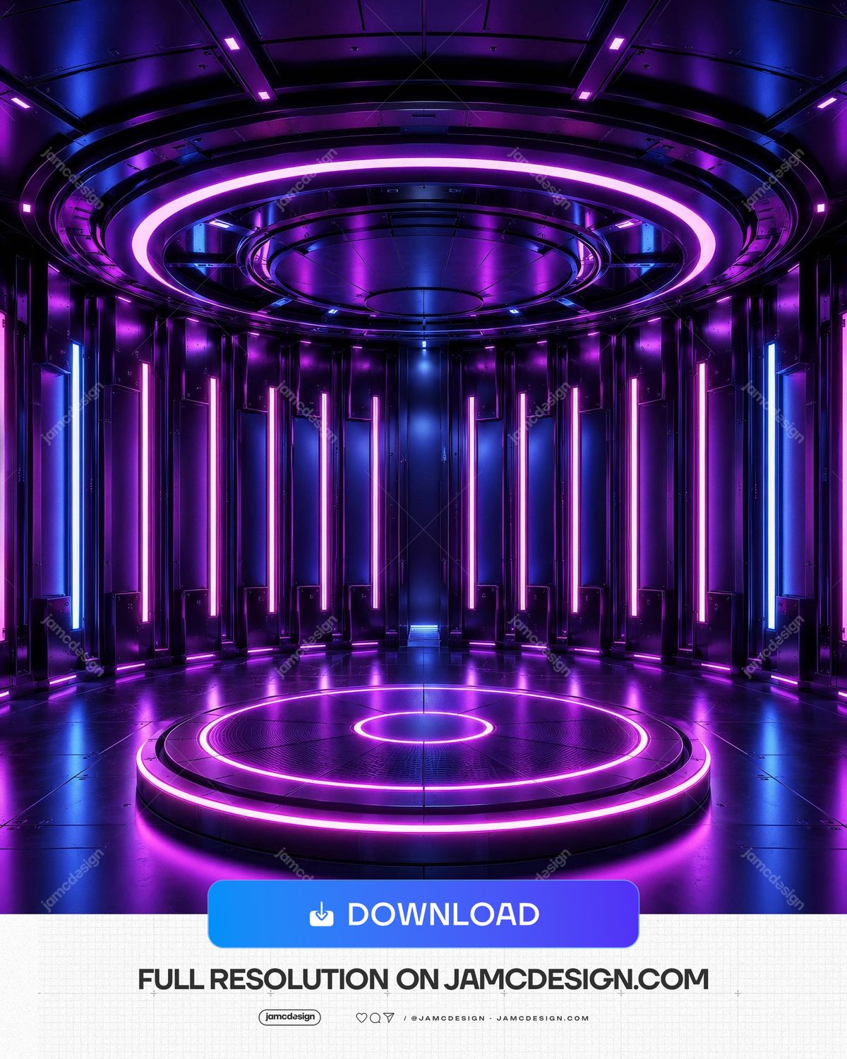 Purple Pink Blue Futuristic Neon Chamber Background. Futuristic neon chamber supplied as a JPG background, with a circular metallic room — Additional preview