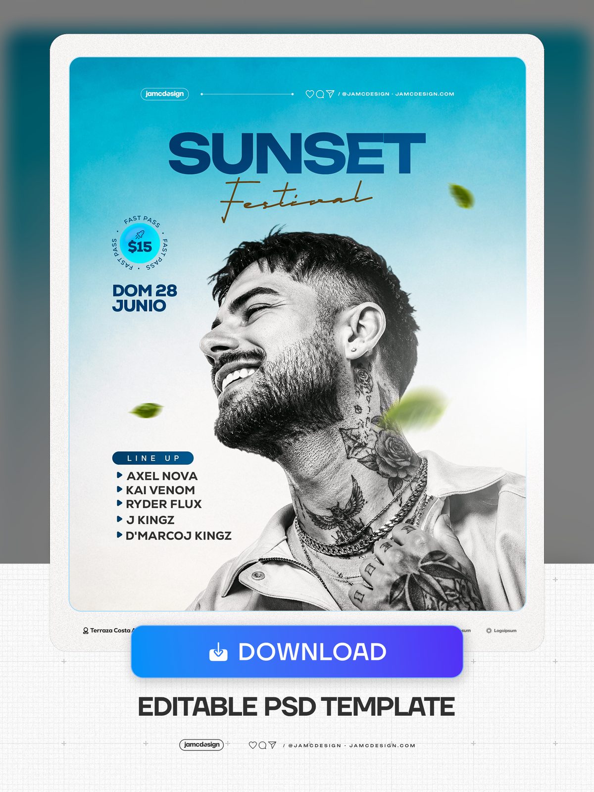 Sunset Festival Flyer Template PSD Editable. Editable PSD template for a sunset festival flyer with a light blue gradient sky — Additional preview