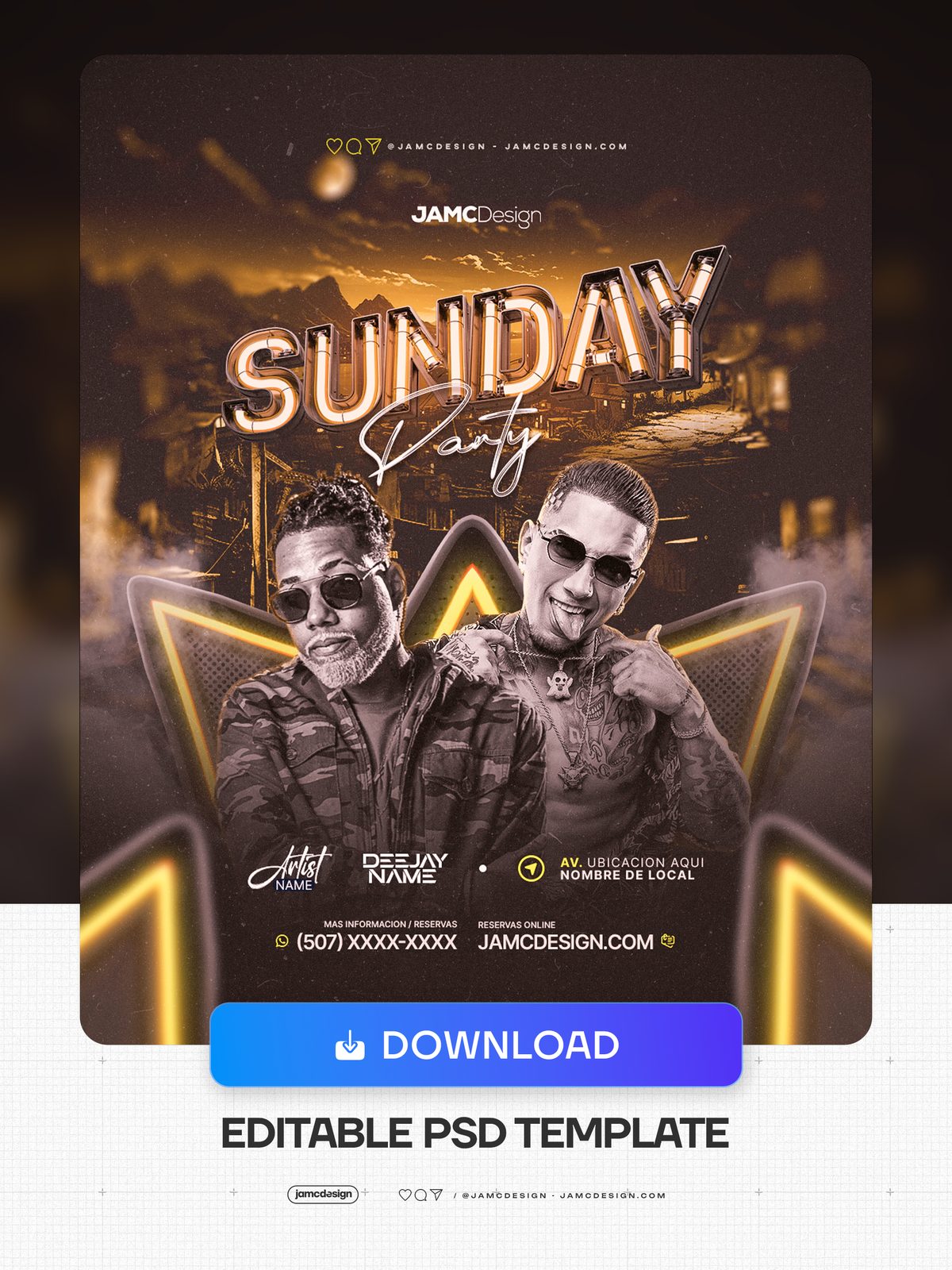 Sunday Party Flyer Template PSD. Editable PSD template for a Sunday party flyer with two male portraits in sunglasses, dark amber lighting — Additional preview