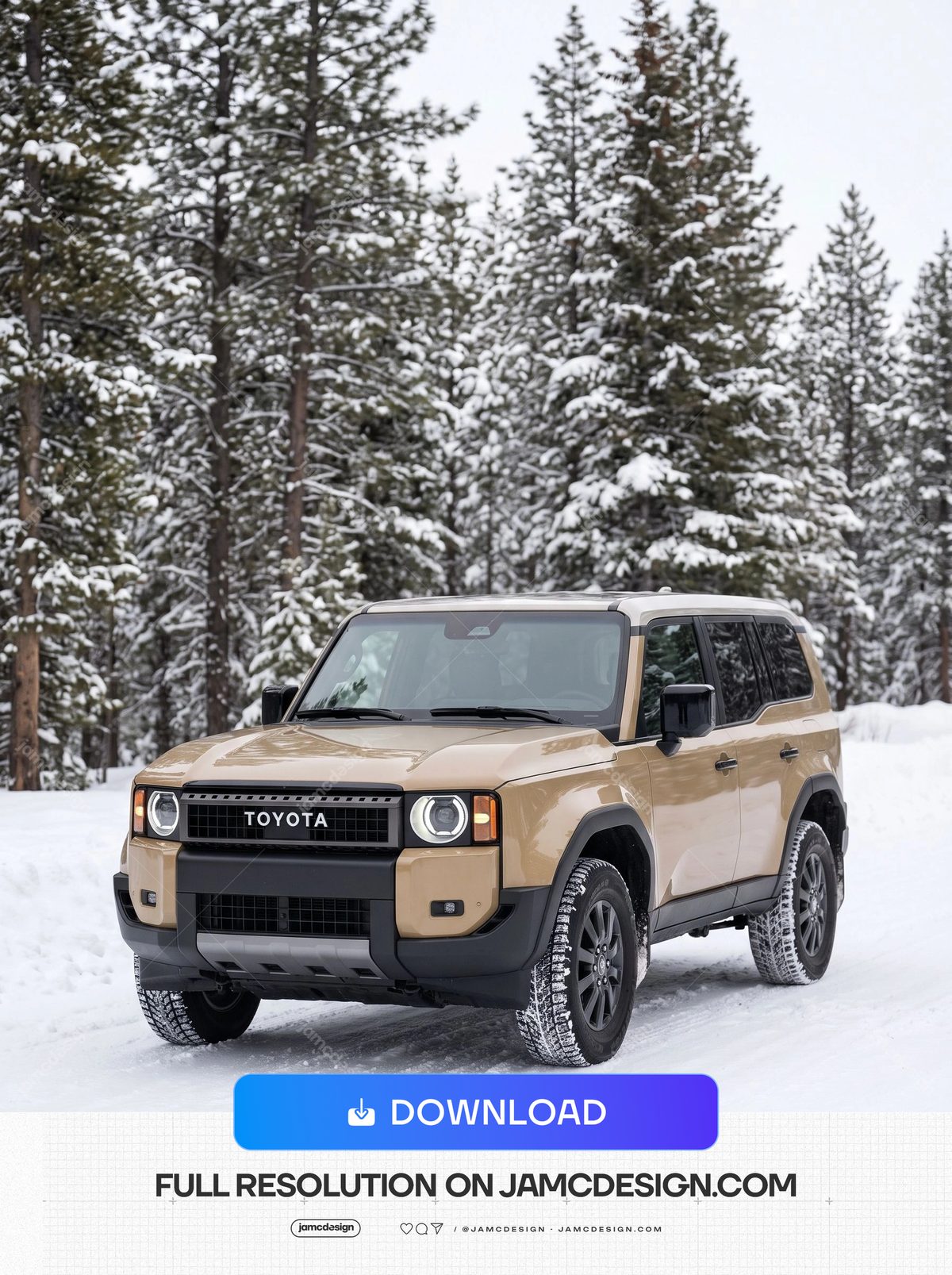Sand Toyota Land Cruiser 250 In A Snowy Forest. This photorealistic JPG photo shows a sand colored Toyota SUV on a snowy track among snow covered pine trees — Additional preview