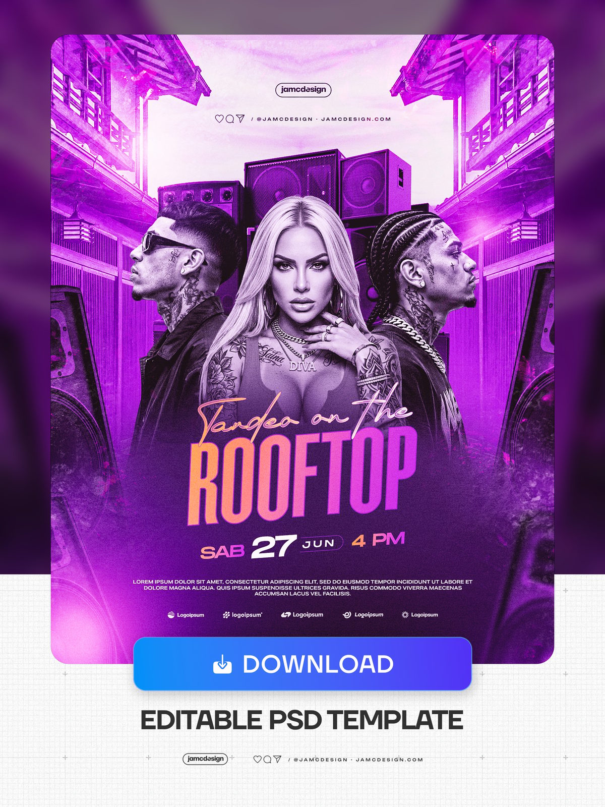 Plantilla PSD De Flyer Para Evento En Azotea. Plantilla de flyer editable en PSD para un evento en azotea con iluminación magenta intensa — Vista previa adicional