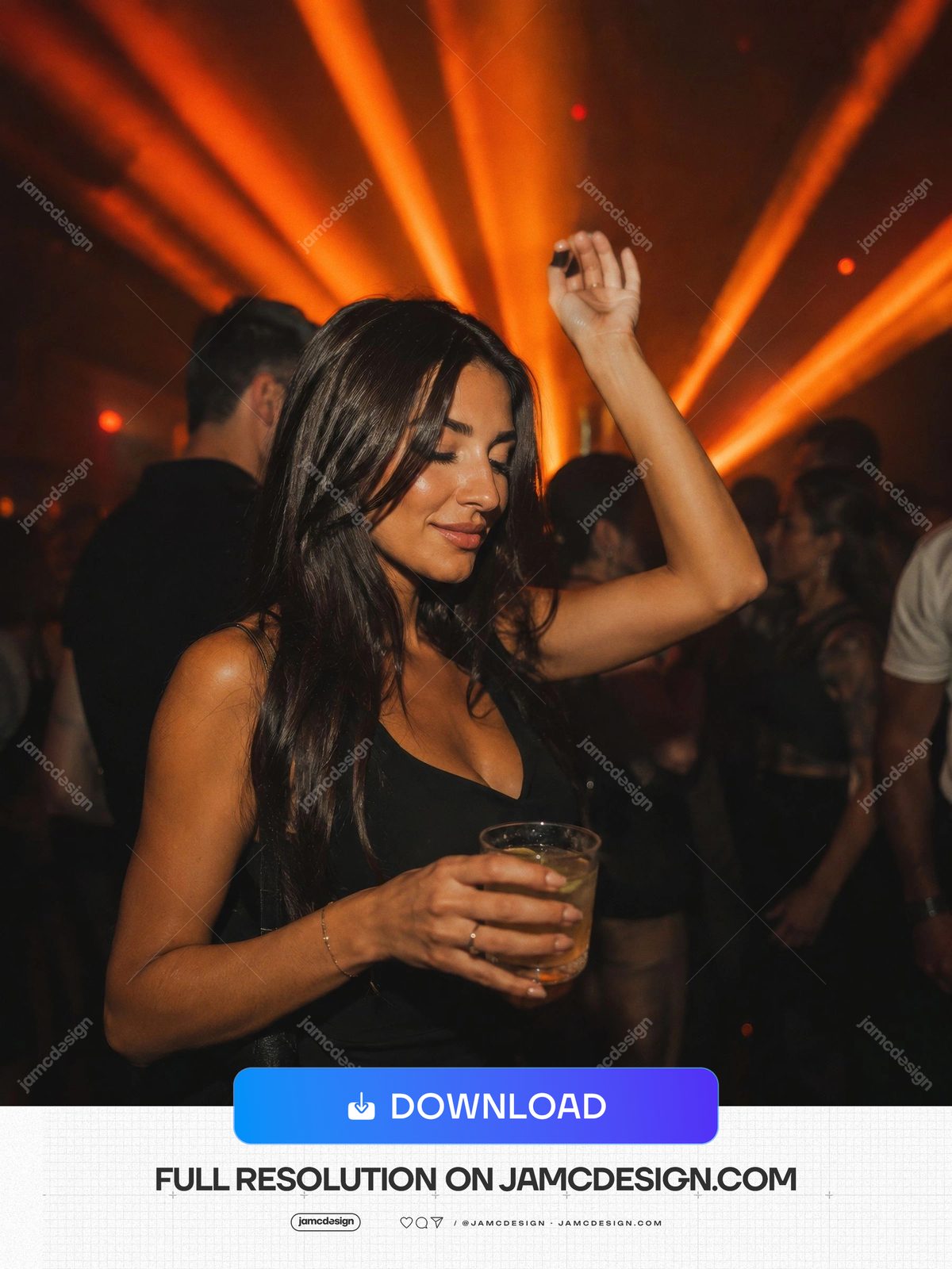 Woman Dancing With Drink Under Orange Lasers Club Glow Portrait. JPG photo of a woman dancing with a drink in a dark nightclub — Additional preview