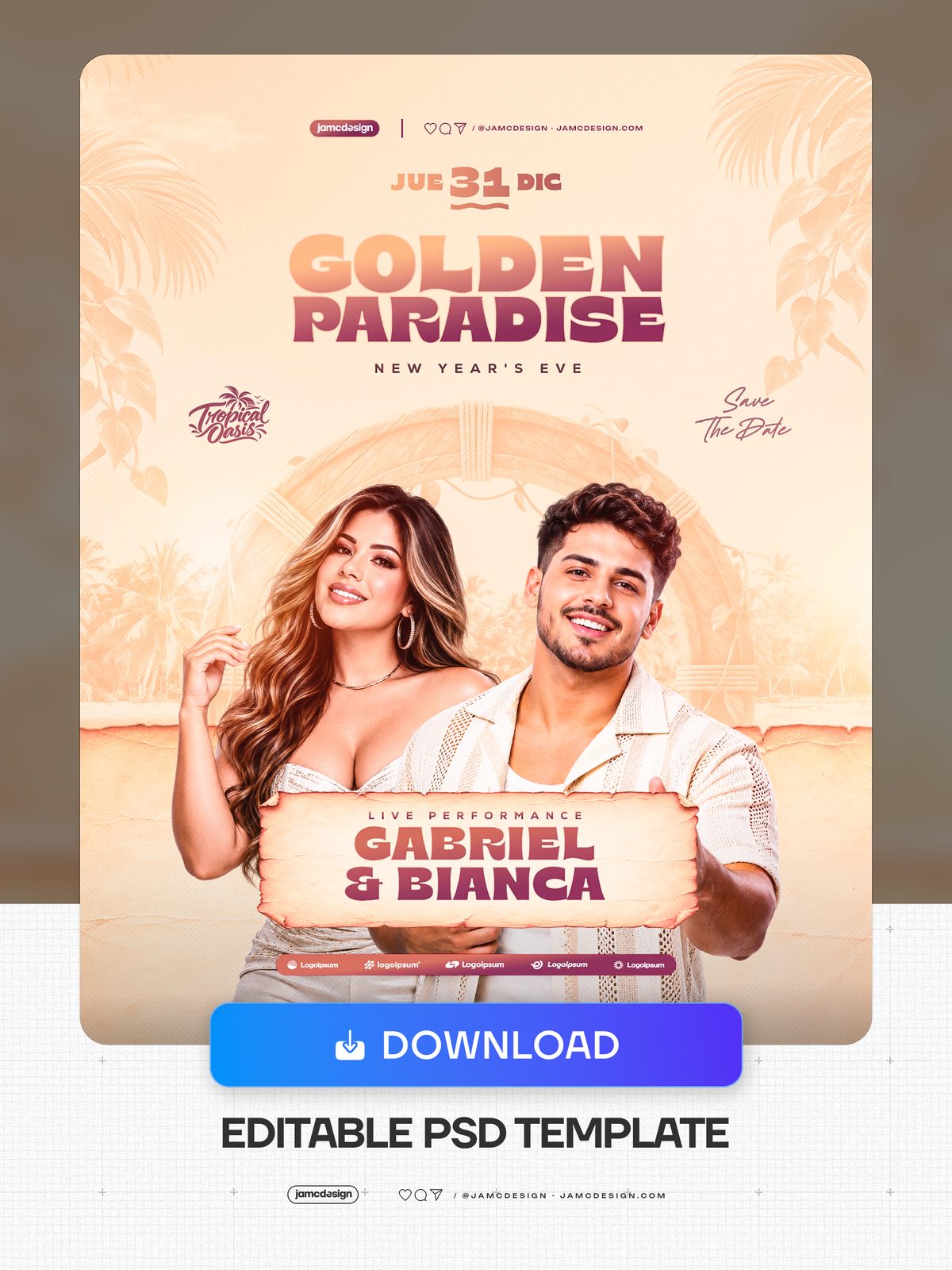 Tropical New Year’s Eve Party Flyer Template PSD. This editable PSD event flyer pairs a woman and man in pale outfits with a softly lit tropical backdrop — Additional preview