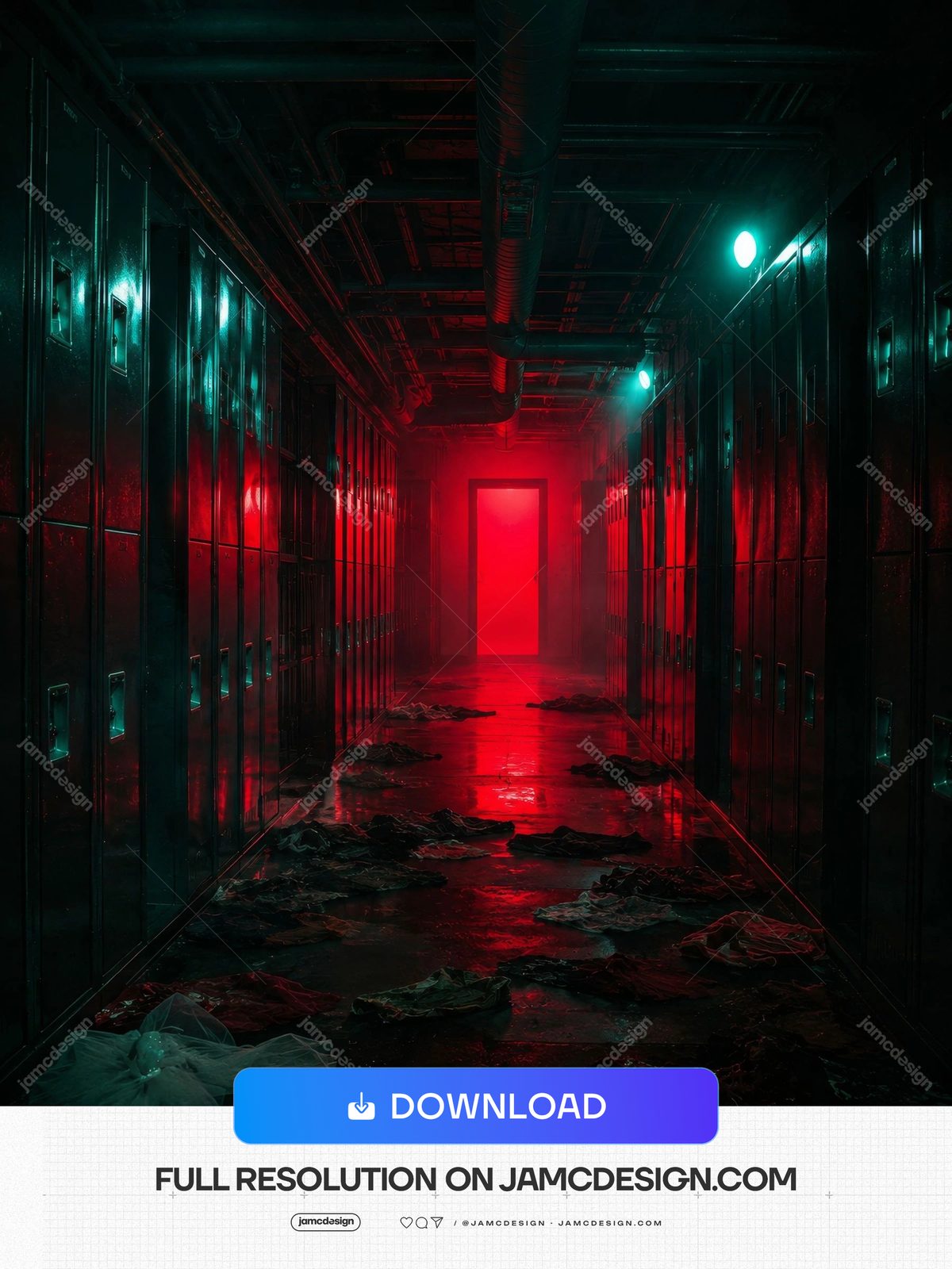 Red Door Glow School Locker Hallway Crimson Mist Interior Background. JPG background showing a school locker corridor with a glowing red doorway — Additional preview