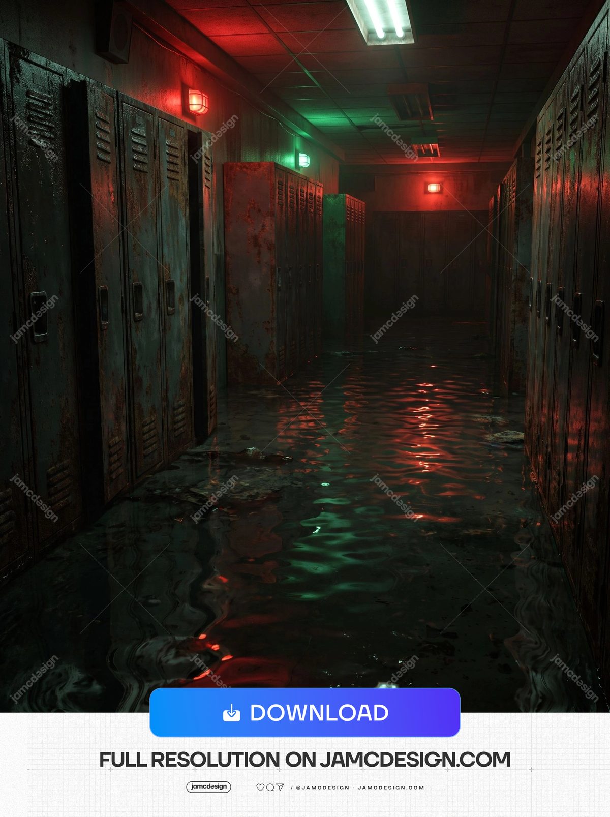 Flooded School Locker Hallway Horror Red Green Water Background. JPG background showing a flooded school locker hallway with rows of worn metal lockers — Additional preview