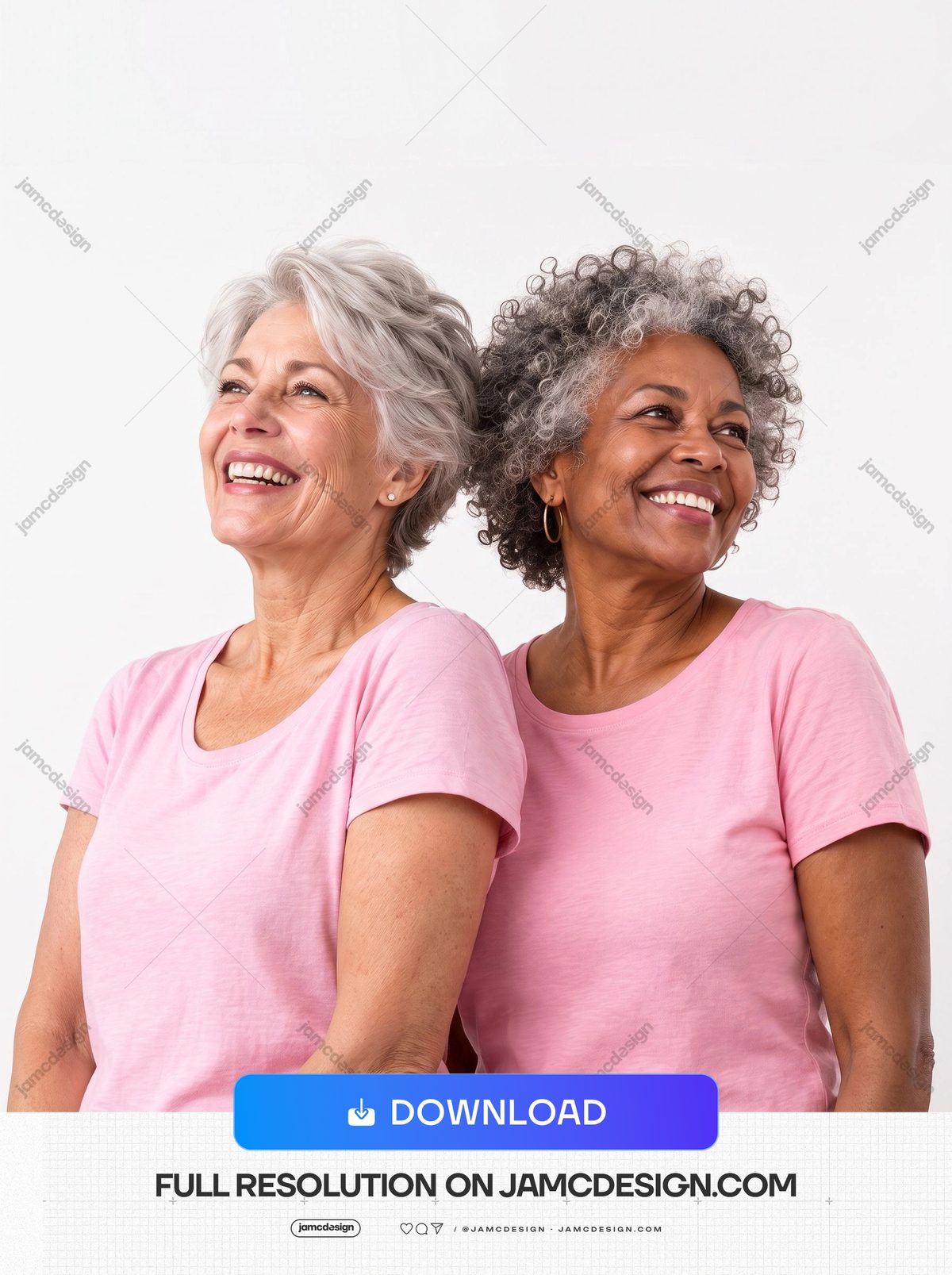 Smiling Older Women In Pink Against A White Background. This JPG photo shows two older women smiling side by side in pink shirts against a plain white — Additional preview