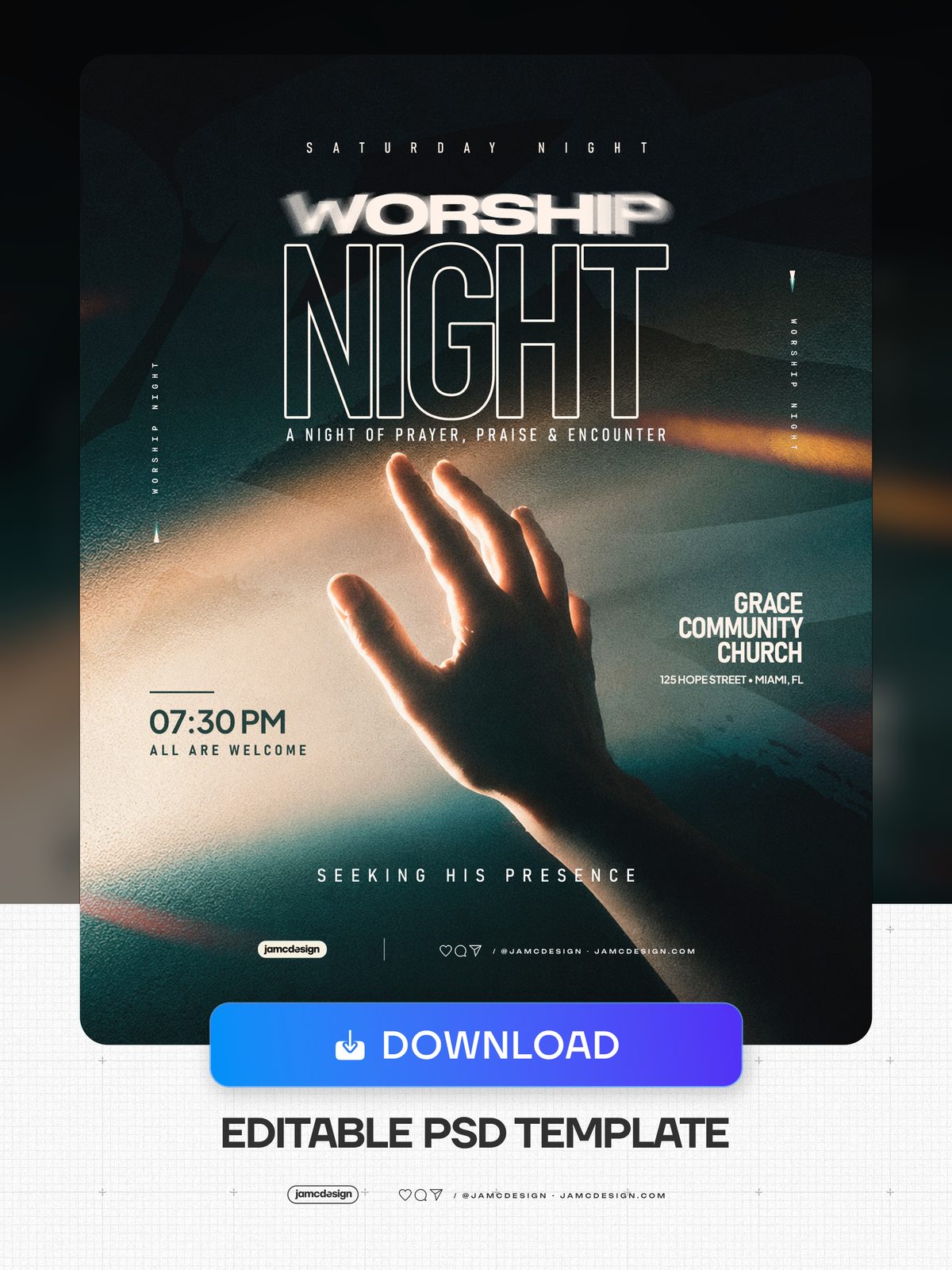 Modern Worship Night Church Flyer Template PSD Editable. Editable PSD template for a worship night church flyer, with a dark teal background — Additional preview