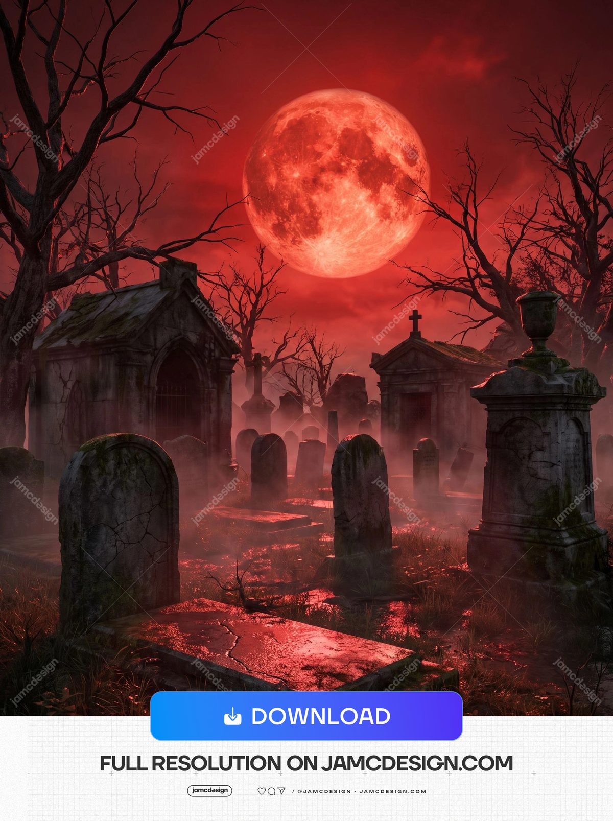 Gothic Ruins Blood Moon Halloween Crimson Graveyard Fog Background. JPG background showing a cinematic Halloween graveyard with gothic mausoleums — Additional preview