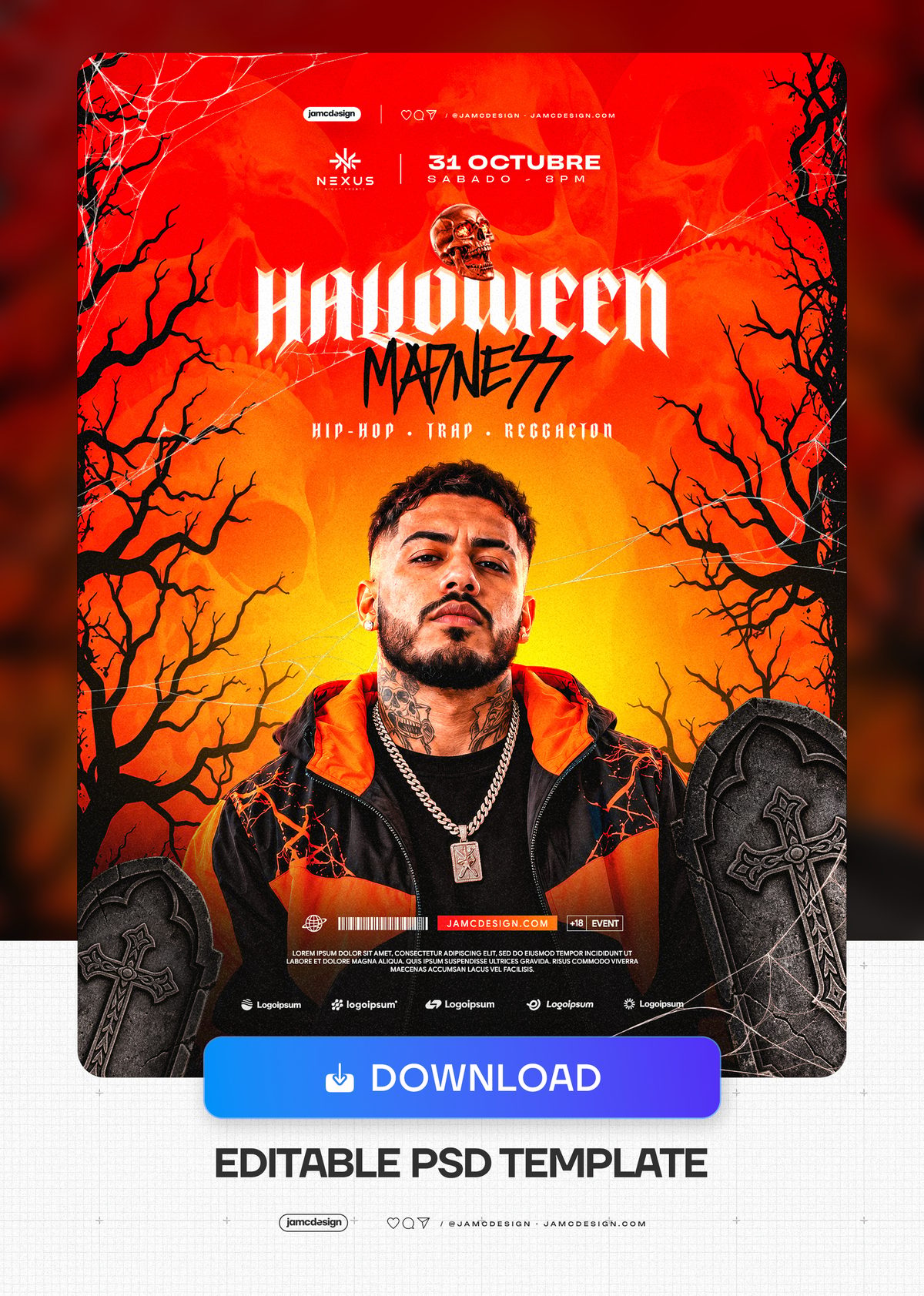Halloween Cemetery Party Flyer Template PSD. This editable PSD Halloween event flyer features a male figure, bare trees — Additional preview