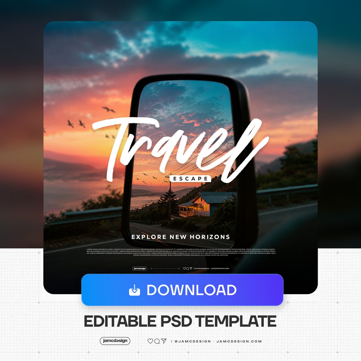 Travel Escape Flyer Template PSD Editable. Editable PSD travel flyer template built around a car side mirror that reflects a twilight scene with a hillside — Additional preview