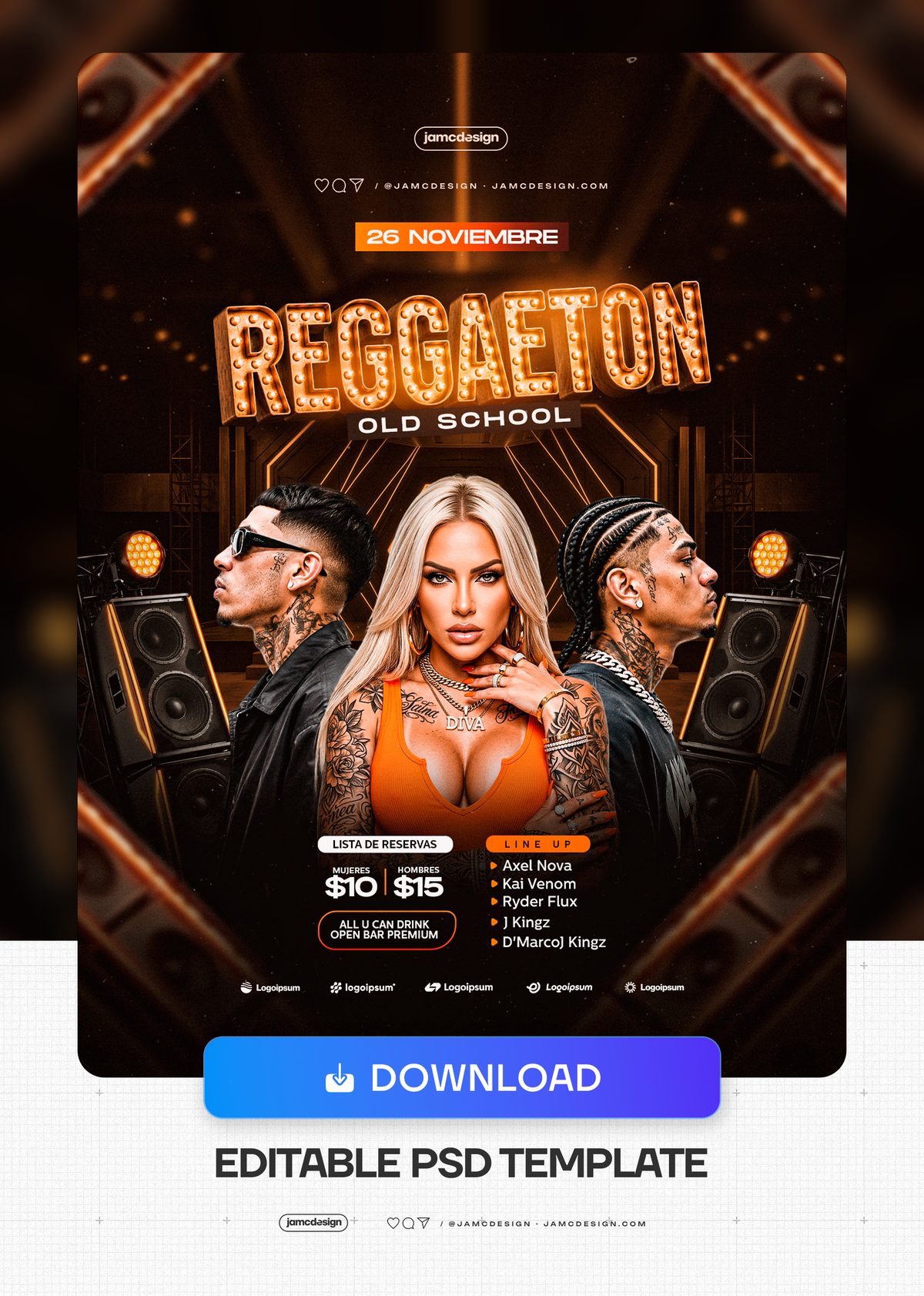 Modèle De Flyer Reggaeton Old School PSD. Téléchargez ce flyer événementiel PSD modifiable, avec trois personnages tatoués — Aperçu supplémentaire