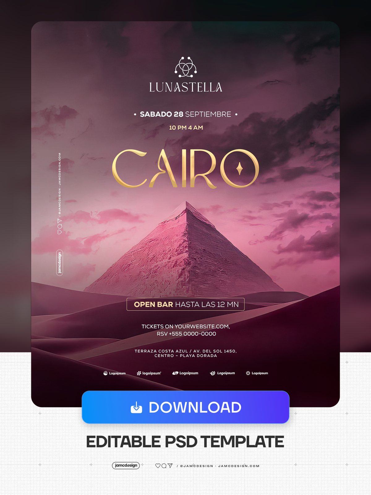 Cairo Music Festival Event Flyer Template PSD Editable. Editable PSD template for an event flyer with a pink and magenta Egyptian-themed desert scene — Additional preview