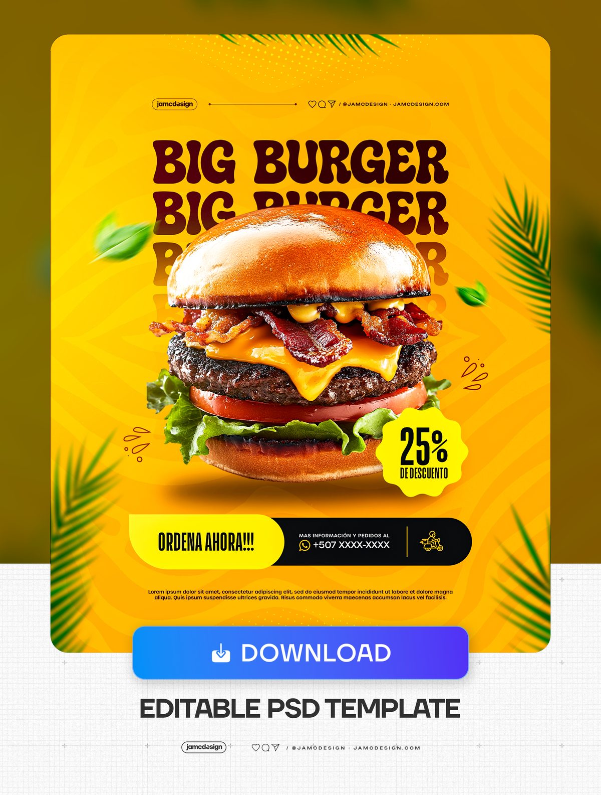 Modèle De Flyer Burger Réduction PSD Modifiable. Modèle PSD modifiable pour un flyer de promotion de burger avec un fond jaune vif — Aperçu supplémentaire