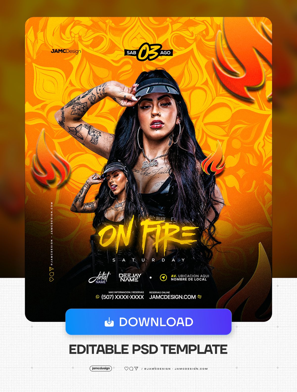 On Fire Party Flyer Template PSD. Editable PSD template for a Saturday night party flyer, featuring a fiery orange and yellow background with flame motifs — Additional preview