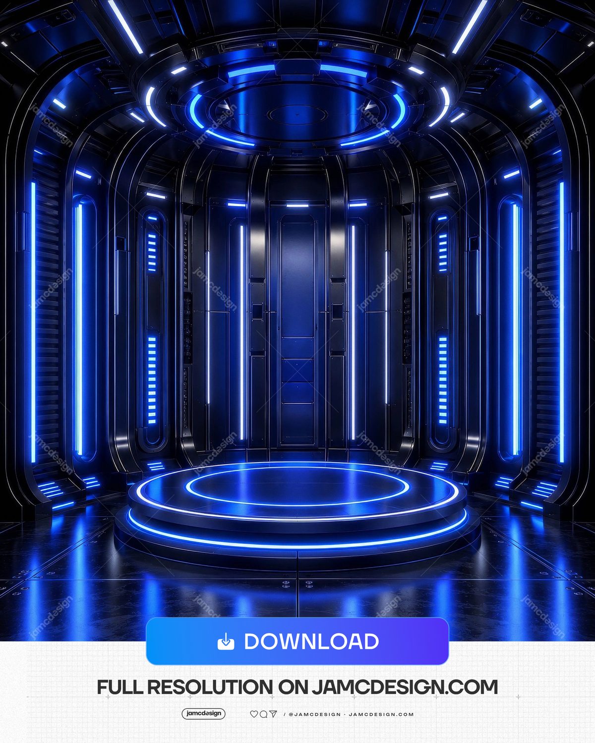 Blue Cyber Neon Circular Stage Room Background. Dark metallic sci-fi stage room supplied as a JPG background, with blue neon light strips lining the walls — Additional preview