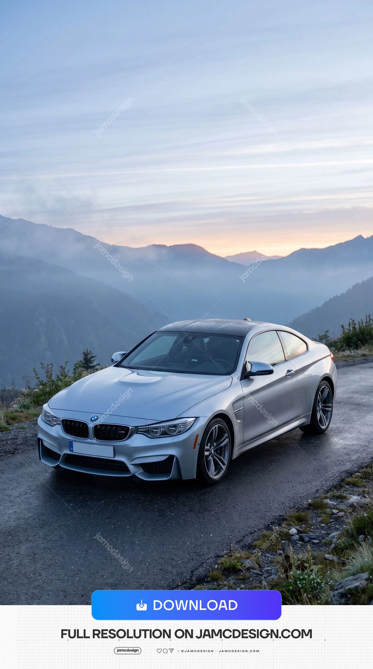 Silver BMW M4 On A Mountain Road At Dawn. This JPG photo shows a silver sports car parked on a mountain road at dawn — Additional preview