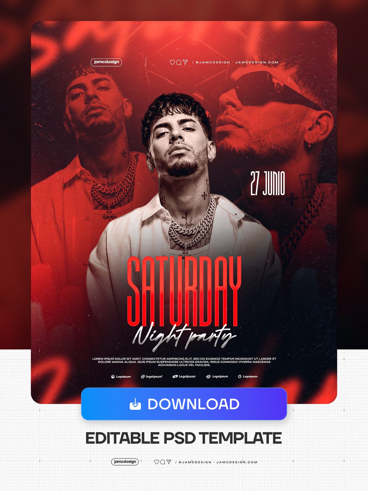 Plantilla de Flyer de Sábado por la Noche con Retratos Masculinos en Rojo PSD. Plantilla de flyer editable en PSD para una fiesta de sábado por la noche — Vista previa adicional