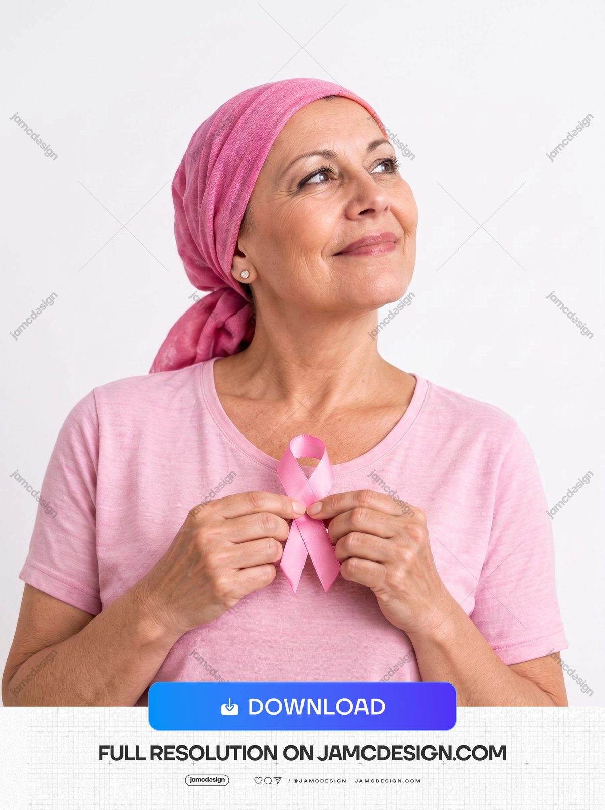 Breast Cancer Awareness Portrait With Pink Ribbon. This realistic JPG photo shows a woman in a pink headscarf holding a pink awareness ribbon against a plain — Additional preview