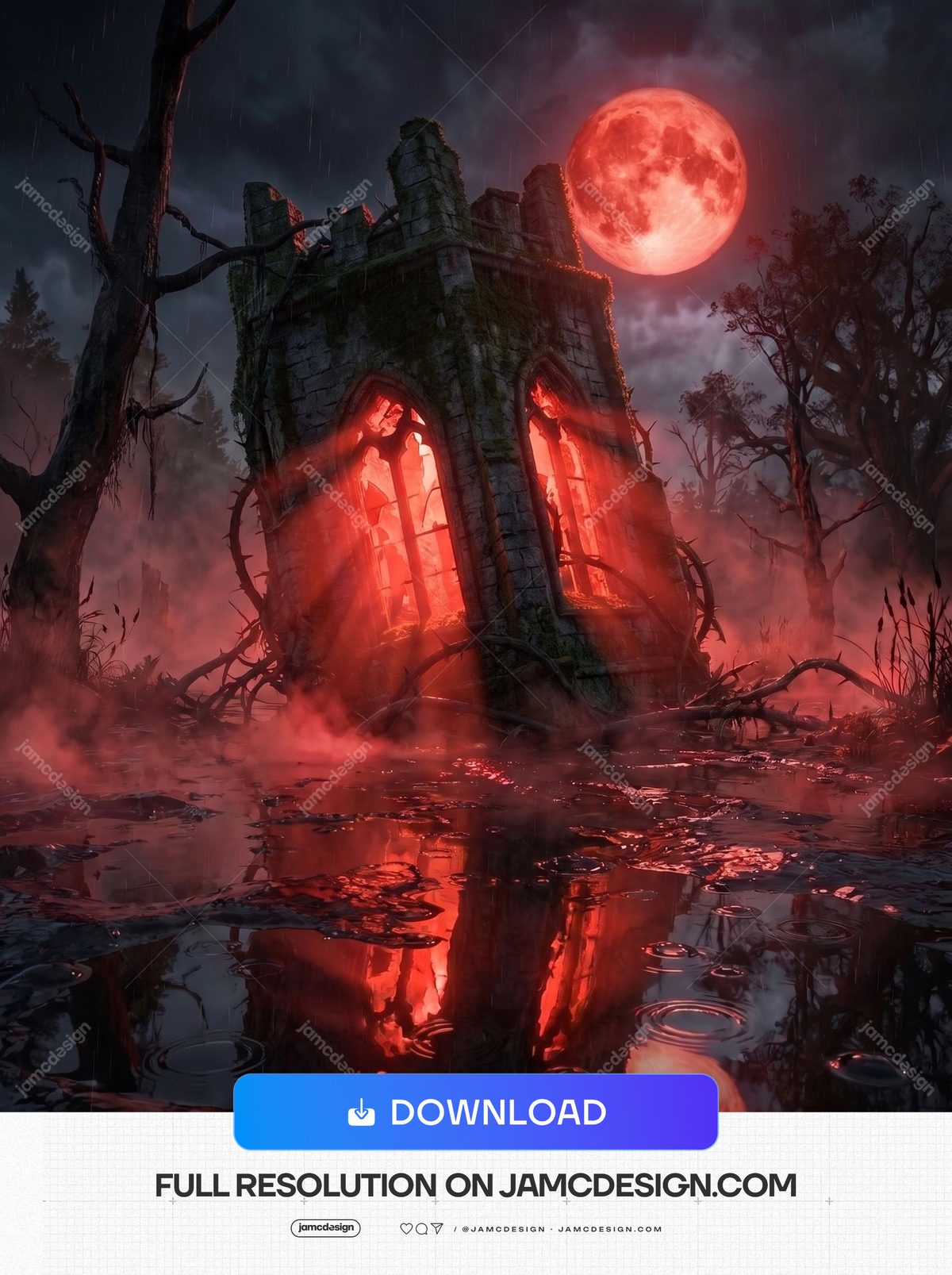 Red Light Gothic Ruins Halloween Crimson Moon Background. JPG background featuring a ruined Gothic stone building beneath a red full moon — Additional preview