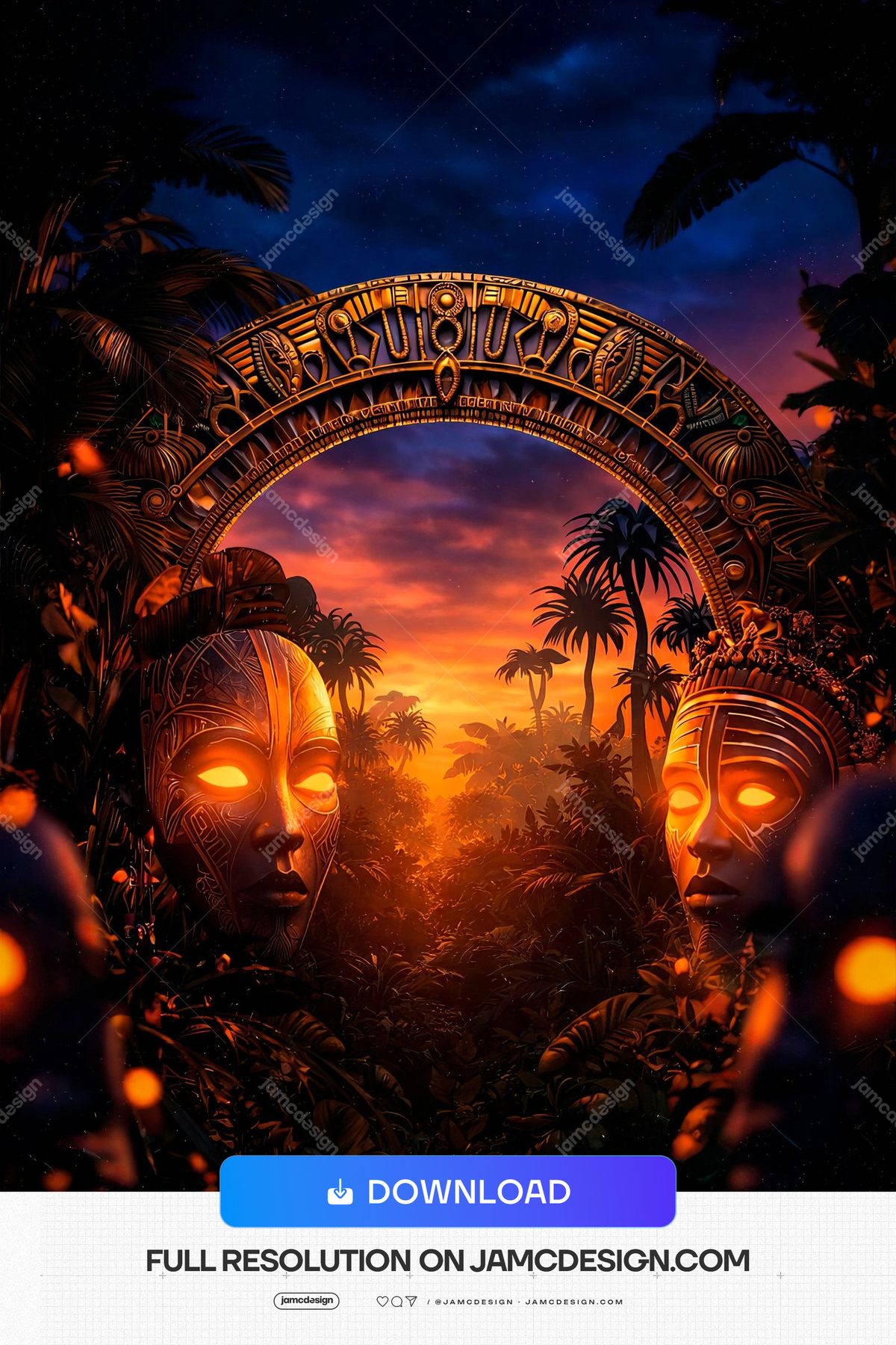 Mystic Jungle Portal With Glowing Ancestral Faces Background. JPG background showing two carved ancestral masks with glowing orange eyes — Additional preview