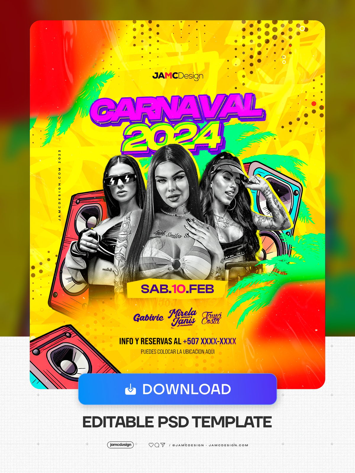 Carnaval Flyer Template PSD. Editable PSD template for a carnival party flyer with a vivid yellow, orange and red composition — Additional preview