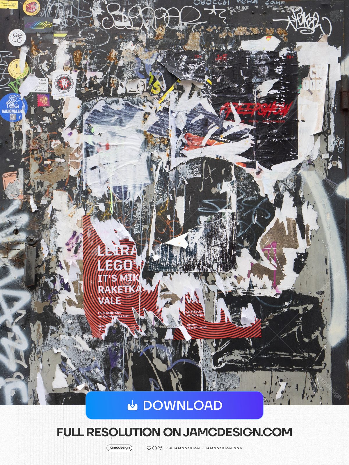 Urban Wall Texture With Torn Posters PNG. A PNG urban grunge texture shows a wall layered with torn, weathered paper posters — Additional preview