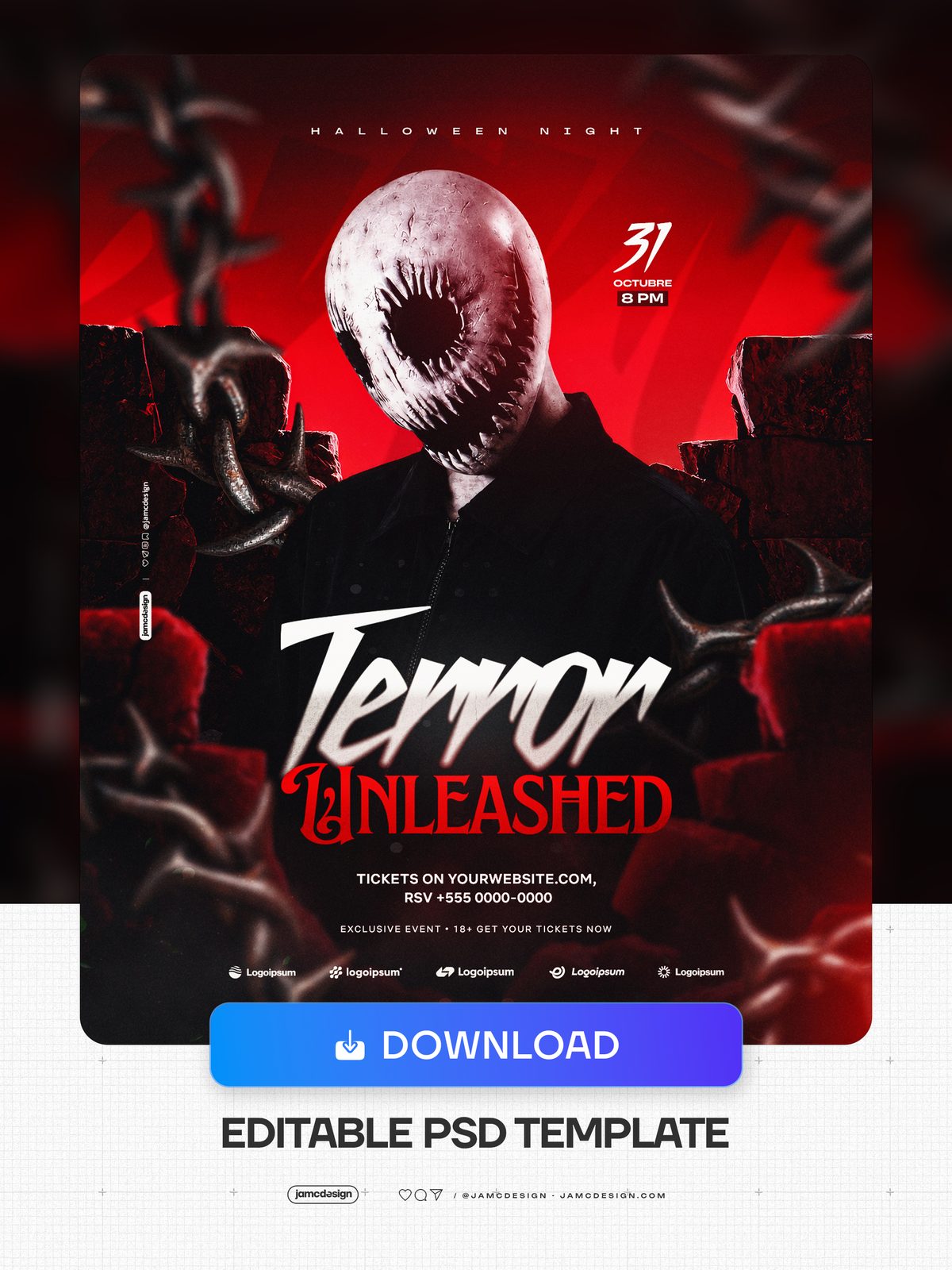 Masked Figure Halloween Flyer PSD Template. Download this editable PSD event flyer featuring a masked man among dark thorny forms — Additional preview