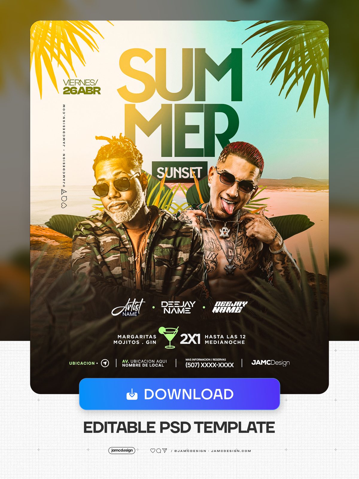 Tropical Summer Party Flyer PSD With Palm Leaves. Editable PSD template for a summer party flyer, featuring two male portraits against a beach sunset backdrop — Additional preview