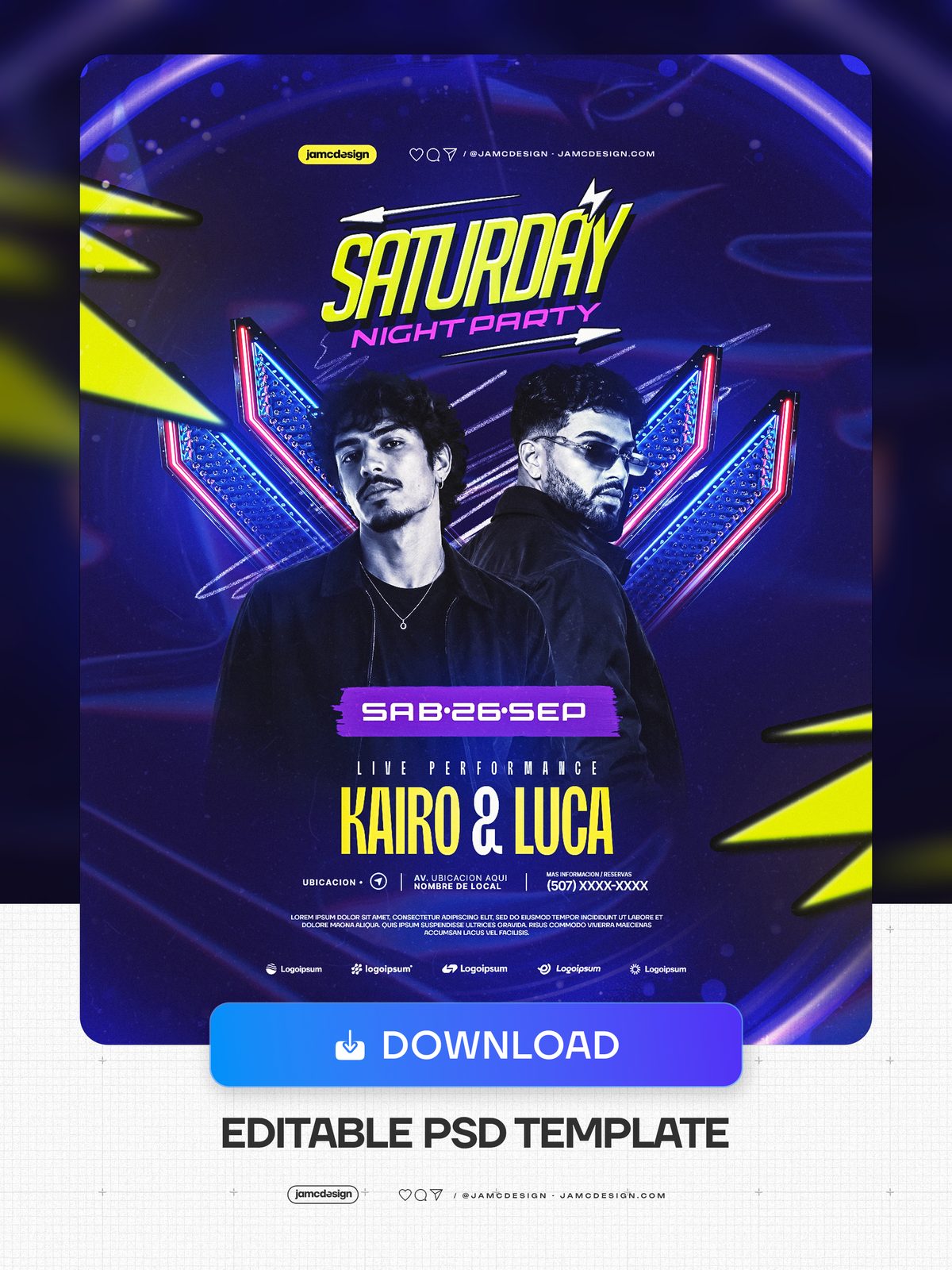 Saturday Night Neon Party Flyer PSD. Editable PSD event flyer template for a Saturday night party — Additional preview