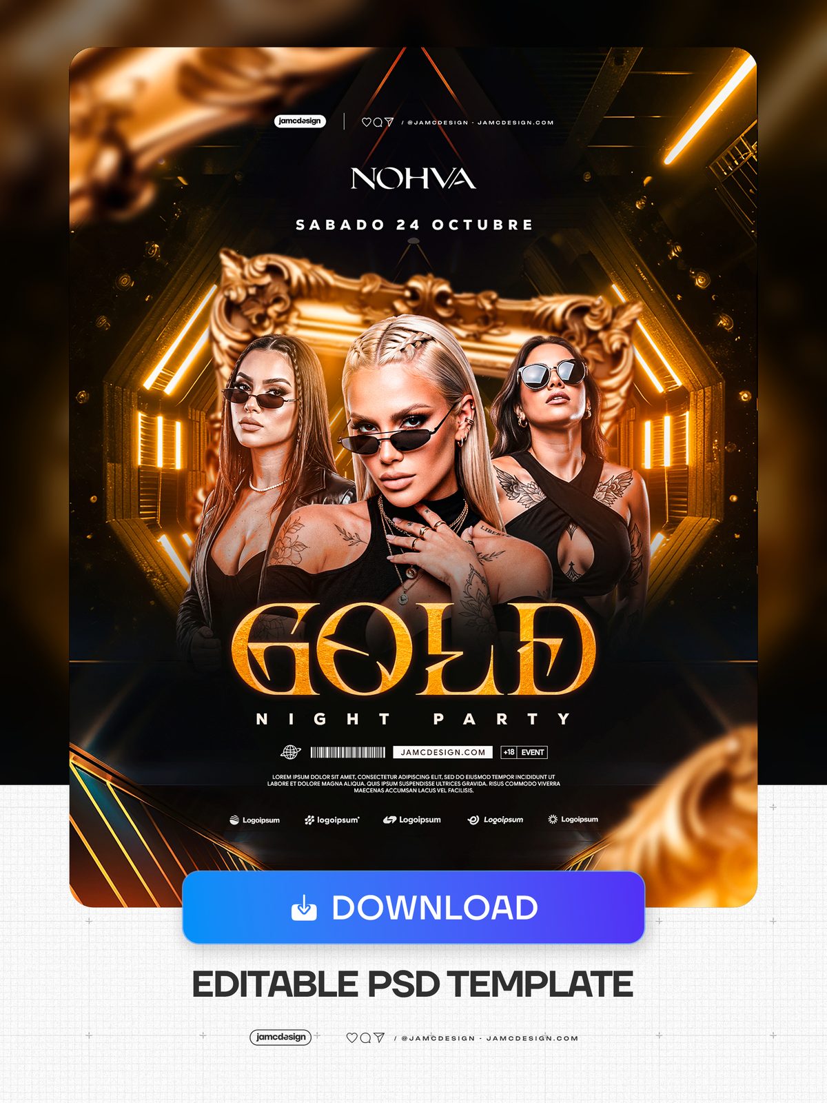 Modelo De Flyer De Festa Noturna Com Moldura Dourada PSD. Baixe este flyer de evento em PSD editável, com três modelos de moda usando óculos escuros — Prévia adicional