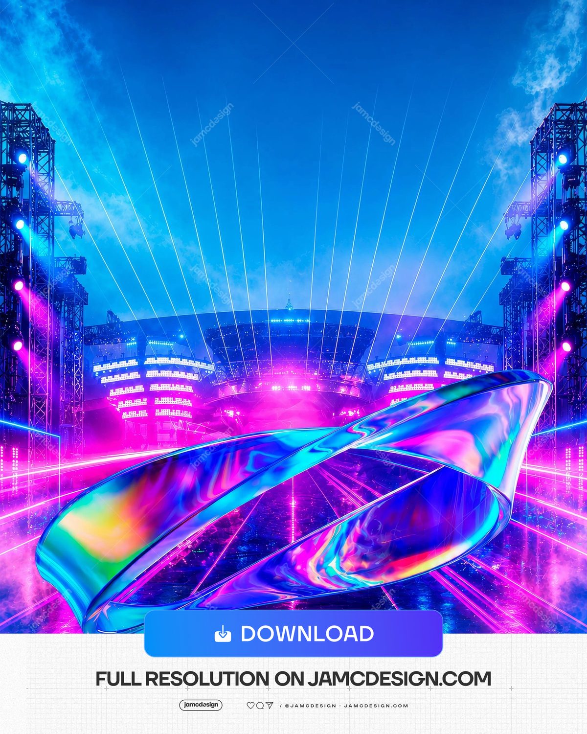 Futuristic Neon Concert Stage Background. Iridescent floating ring supplied as a JPG background, set inside a futuristic concert stage with metal truss towers — Additional preview