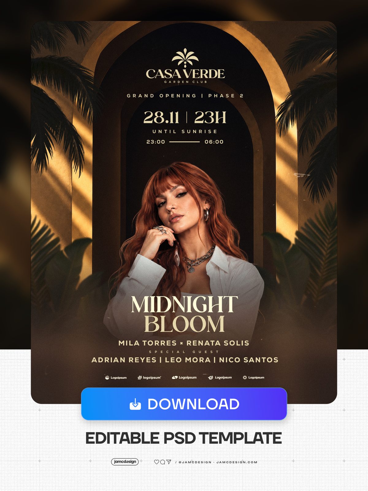 Modèle De Flyer De Club De Nuit Midnight Bloom PSD. Téléchargez cette affiche événementielle au format PSD pour une soirée qui se prolonge jusqu’au lever — Aperçu supplémentaire