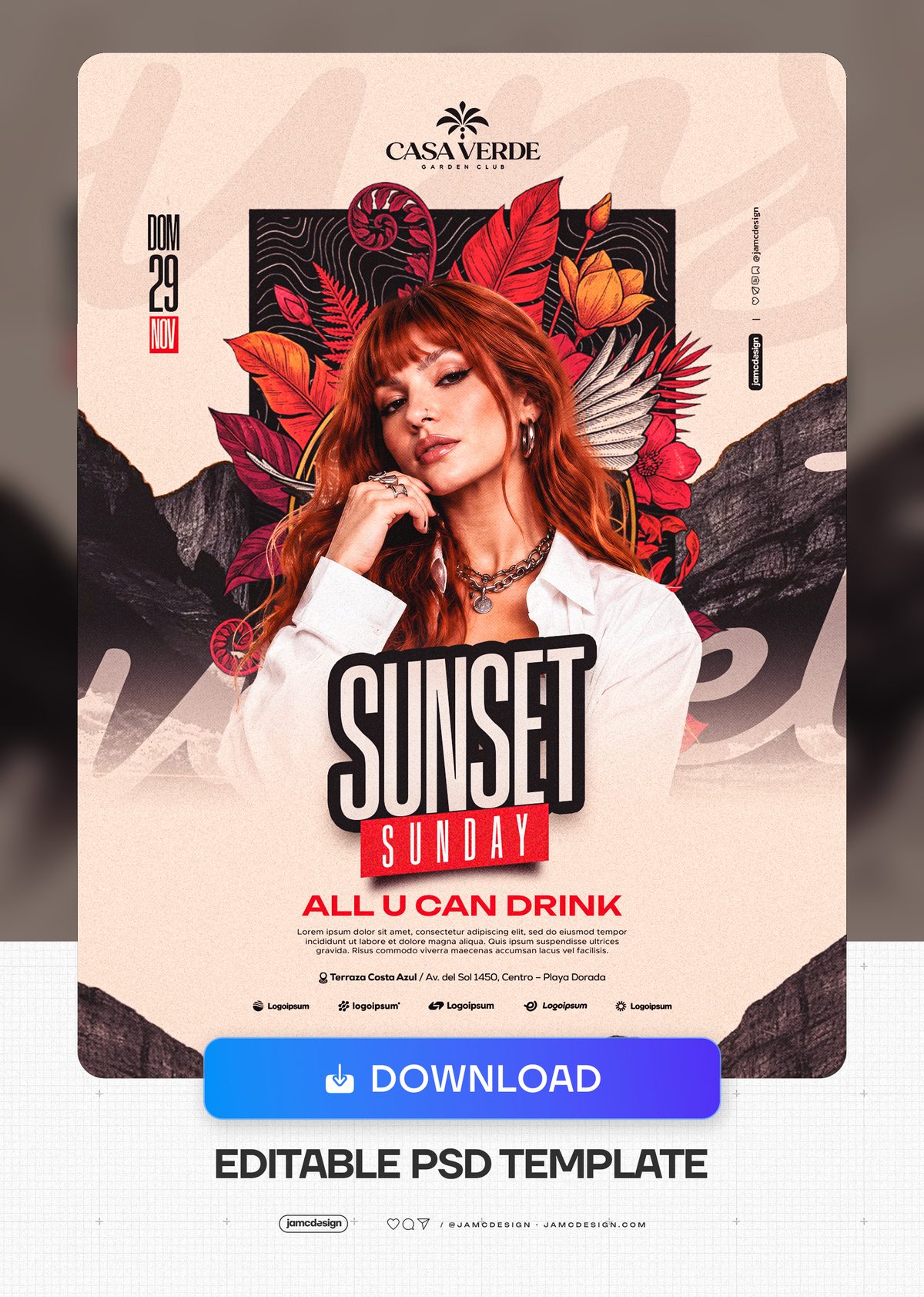 Sunset Sunday Tropical Foliage Flyer Template PSD. This editable PSD event flyer pairs an image of a woman with vivid tropical leaves and a mountain backdrop — Additional preview