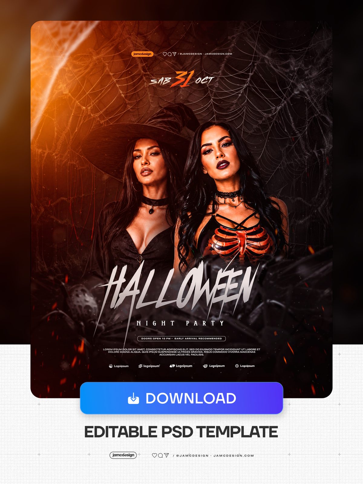 Halloween Night Party Flyer PSD With Spider Webs. Editable PSD event flyer template for a Halloween night party, featuring two women in dark costumes — Additional preview